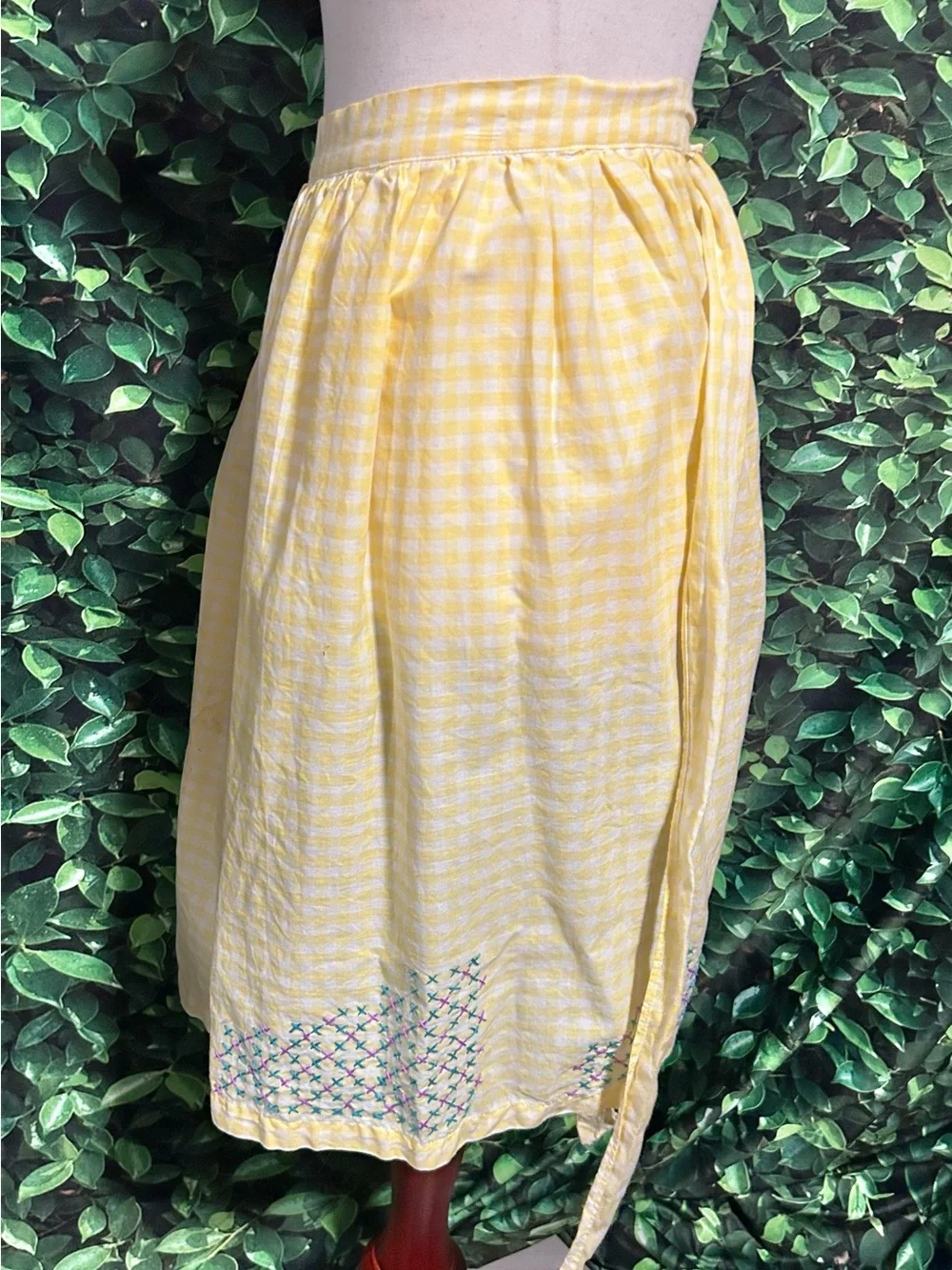Vintage Handmade Checkered Half Apron Yellow Embroidered Pattern Cotton